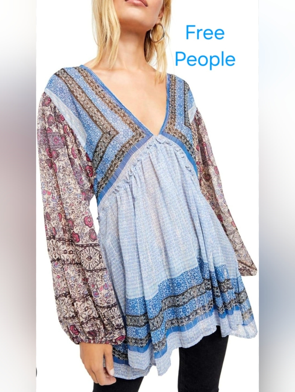 Free People Aliyah Printed Tunic Blue Large NWT